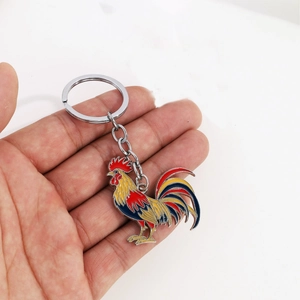 Creative metal rooster keychain with colorful enamel feathers and polished silver ring