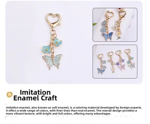 Macro detail of enamel butterfly keychain with heart clasp and floral metal charms