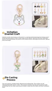 Detailed macro view of enamel dog keychains with heart-shaped golden spring clasps