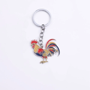 Creative rooster metal keychain with vibrant enamel coloring and silver keyring