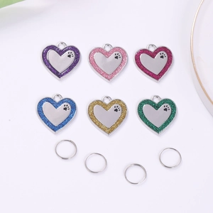 Heart Shaped Metal Pet ID Tag With Glitter Border Claw Print Pattern Cute Anti-Lost Identity Hanging Tag For Dog Cat