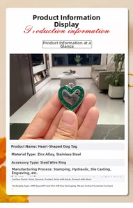 Green glitter heart dog tag with paw print detail and durable wire ring connector