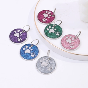 Round Pet ID Tag Paw Print Glitter Metal Identification Plate For Dogs Cats Anti-Lost Pendant Glittery Finish Pet Accessories