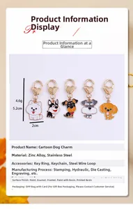 Detailed size chart showing dimensions and weight for cartoon dog enamel pendants