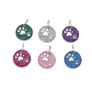 Set of six glitter round pet ID tags with paw prints in green, silver, purple, rose, pink and blue