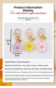 Detailed specs of alloy flower keychain with heart clasp and bell in soft colors