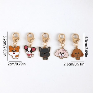 Set of 5 cartoon dog keychains with gold heart clasps, colorful enamel pet pendants