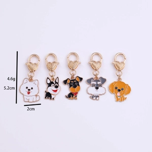 Five cartoon dog enamel keychains in zinc alloy with golden heart-shaped lobster clasps