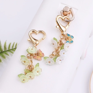 Floral heart lobster clasp keychain with colorful resin butterflies and double petals