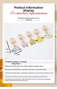 Detailed size chart for five colorful enamel flower keychains with heart-shaped clasps