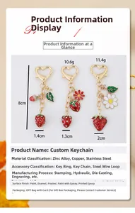 Detailed view of enamel strawberry keychain charms with dimensions and heart carabiner