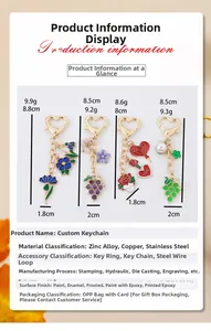Vue détaillée de porte-clés émaillés motifs fleurs et fruits avec fermoirs en cœur