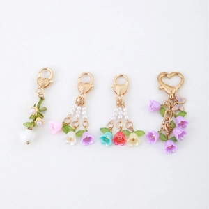 Floral lily of the valley keychains with colorful tulips pearls and heart lobster clasps