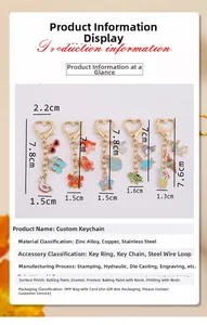 Detailed size chart for summer animal keychains with zinc alloy charms and dimensions