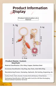 Detail view of food-themed metal keychains showing specific weight and height measurements