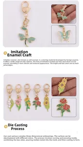 Detail view of gold-plated metal flower keychains with embossed enamel craftsmanship