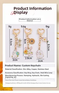 Enamel rabbit keychains featuring flower designs with zinc alloy and steel wire details