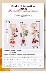 Detail view of alloy fruit keychains with size and weight specs for cherry and apple