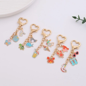 Summer Beach Animal Keychain Gold Heart Shaped Zinc Alloy Keyring With Enamel Turtle Crab Ice Cream Charms For Bag Women Gift