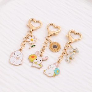 Cute bunny and flower metal keychains with heart hooks and colorful enamel rabbit charms