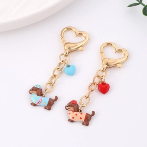 Porte-clés Chien Teckel Dessin Animé Mignon Fermoir Coeur Alliage Émail Pendentif Sac à Dos Cadeau Pour Femmes Filles