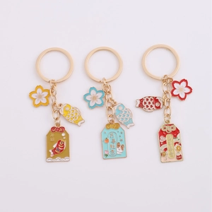 Japanese style cherry blossom and koi fish keychain set with lucky charms