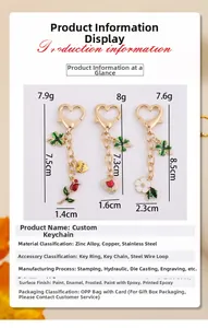 Detailed size chart for alloy heart keychains with clover and rose enamel charms