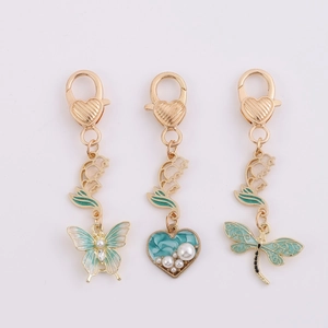 Vintage Metal Enamel Dragonfly Butterfly Lily Of The Valley Keychain Gold Alloy Artificial Pearl Bag Charm For Women Gift Jewelry