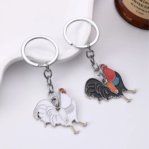 Artistic oil-painting style rooster enamel keychains in black and white set