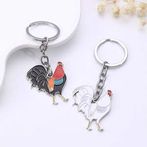 Chic oil painting style rooster keychain pendant set in black and white enamel metal