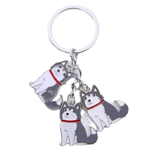 Porte-clés chien husky de dessin animé en métal avec trois pendentifs en émail mignon