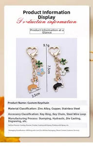 Detail view of Corgi keychain with heart lobster clasp and enamel floral pendants