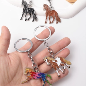 Creative metal horse keychain pendant with colorful enamel finish and silver ring