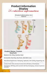 Detail of colorful dinosaur keychains with heart-shaped clasps and enamel pendants