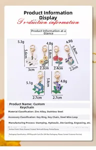 Detailed dimensions of assorted enamel flower keychains made of colorful zinc alloy