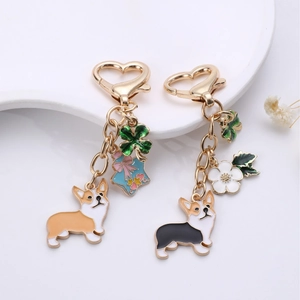 Enamel Corgi Dog Metal Keychain With Heart Shaped Clasp Gold Alloy Dog Pendant Bag Charm Four Leaf Clover Gift For Women