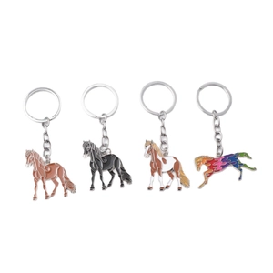 Set of four colorful horse-shaped enamel metal keychains with shiny polished finishes