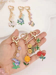 Colorful floral enamel metal keychains with heart-shaped clasps for bags and car keys