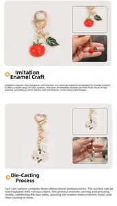 Detailed close-up showing die-cast enamel tomato and lily flower metal keychains