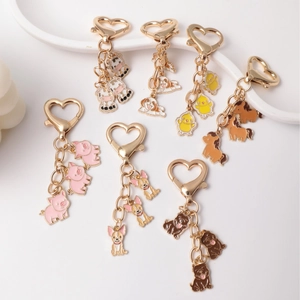 Cute Cartoon Animal Zinc Alloy Enamel Keychain With Gold Heart Clasp Multi Pendant Pig Dog Cow Horse Bag Charm Jewelry Gift