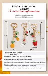 Size chart showing pineapple strawberry and heart keychain dimensions and materials