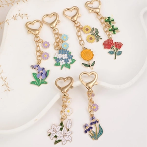 Enamel Flower Keychain For Women Zinc Alloy Lily Hydrangea Rose Sunflower Heart Clasp Bag Pendant Keychain Jewelry Gift
