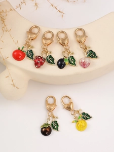 Detailed set of 6 creative fruit pendants with gold heart clasps and enamel leaves