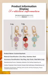 Detailed dimensions of daisy and ladybug keychains with enamel and zinc alloy finish