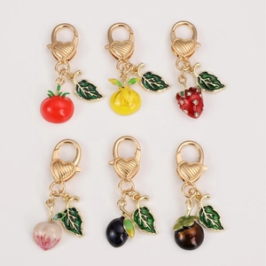 Set of 6 colorful fruit enamel keychains with heart-shaped hooks for bags and keys