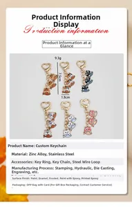 Detail view showing six colorful cartoon cat and fish keychains with dimensions 7.5x1.8cm