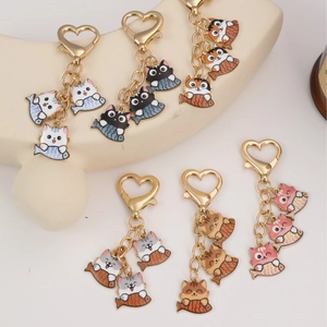 Cute Cartoon Cat Fish Keychain Zinc Alloy Enamel Heart Shape Lobster Clasp Bag Pendant Gift For Women Girls