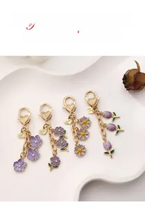 Detailed close-up of floral alloy keychains with heart hooks and engraved metal charms