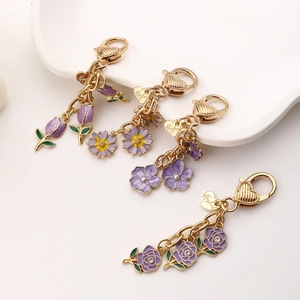 Creative purple tulip and rose flower alloy keychains with handmade heart tags