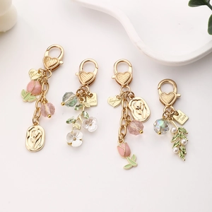 Squisito Portachiavi a Forma di Tulipano in Metallo Ciondolo per Borsa Lega d'Oro Perla Artificial Sintetica Cristallo Gancio a Cuore Donna